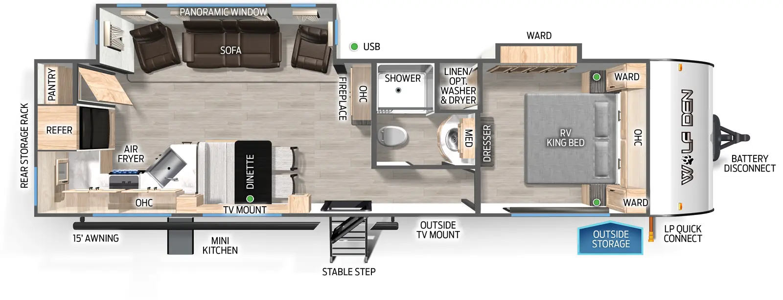 The Wolf Den 271RK floorplan has one entry and two slide outs. Exterior features include: metal exterior, 15' awning and outside kitchen. Interiors features include: rear kitchen and front bedroom.